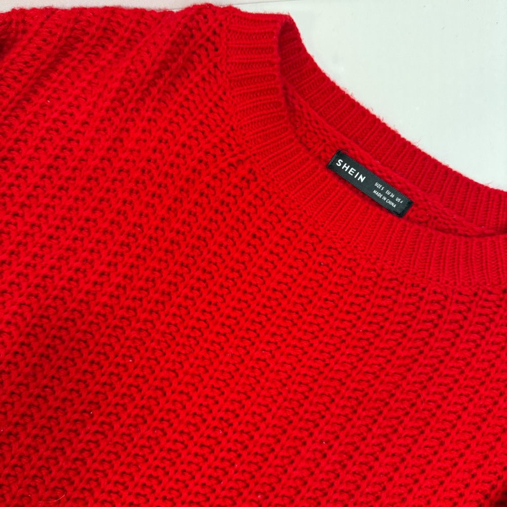 Womens Red Chunky Shaker Knit Pullover Sweater Size S‎ Crew Neck Cropped